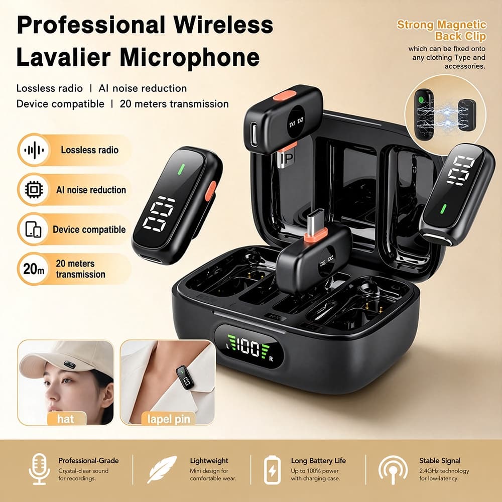Microfone De Lapela Duplo Sem Fio Com Estojo De Carregamento AI Cancelamento De Ruído Para iPhone/Android Vlogging Trans