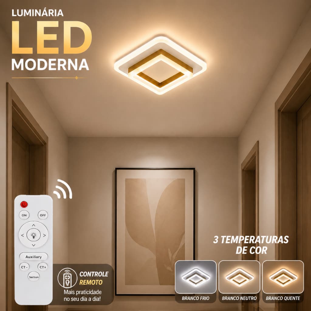 Luz De Teto LED JACKSUN 24W Com Controle Remoto , 3 Temperaturas De Cor , Tensão Dupla , Design Moderno Para Corredores