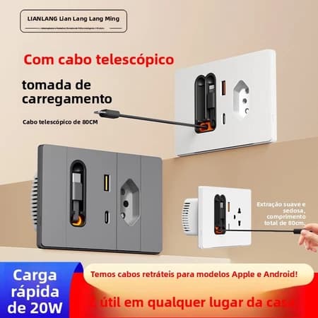 Painel De Plugue USB De Carregamento Rápido Padrão Brasileiro , 20 W Com Cabo Extensível , Tomada Tipo C
