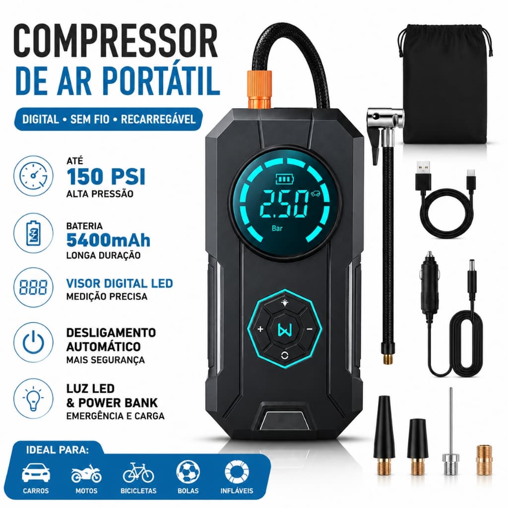 Compressor de Ar Digital Portátil - USB Recarregável - Calibrador de Pneu Profissional