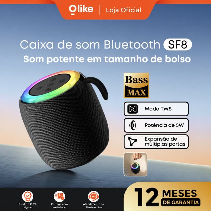 Caixa de Som Bluetooth Olike SF8 Caixa de Som Portátil com Luz Ambiente LED | À Prova d'Água IPX4 5 Horas de Reprodução