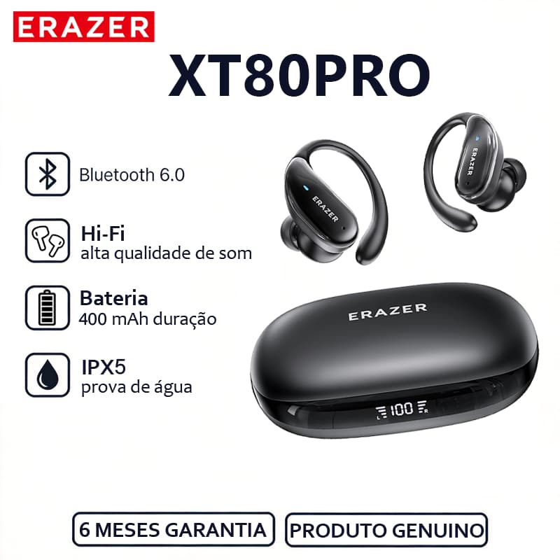 ERAZER XT80PRO Fone de ouvido Bluetooth AI Tradução em tempo Real Hi-Fi Bluetooth 6.0 de alta qualidade com redução de r