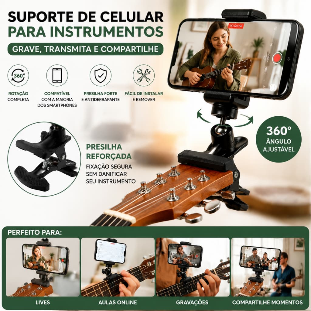 Pode instalar na guitarra baixo ou guitarra acústica suporte do telefone móvel guitarra transmissão ao vivo titular