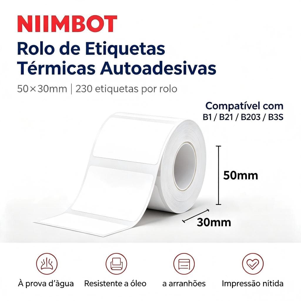 Rolo de Etiquetas Térmicas Autoadesivas Impermeável 50x30mm (1 Coluna), 230 unidades, Compatível Niimbot B1 B21 B203 B3S