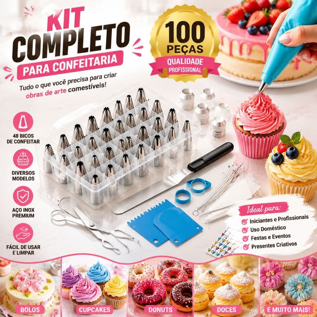 Kit de decoração de conjunto de 100 peças, equipado com ponta de decoração de aço inoxidável, usado para decorar bolos e