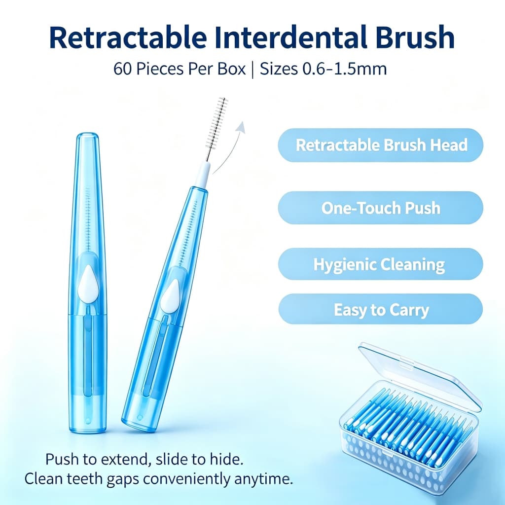 Escova Interdental Retrátil Empurrar-Puxar 0,6 a 1,5mm 60 Unidades Cerdas Suaves Limpeza para Aparelho Ortodôntico