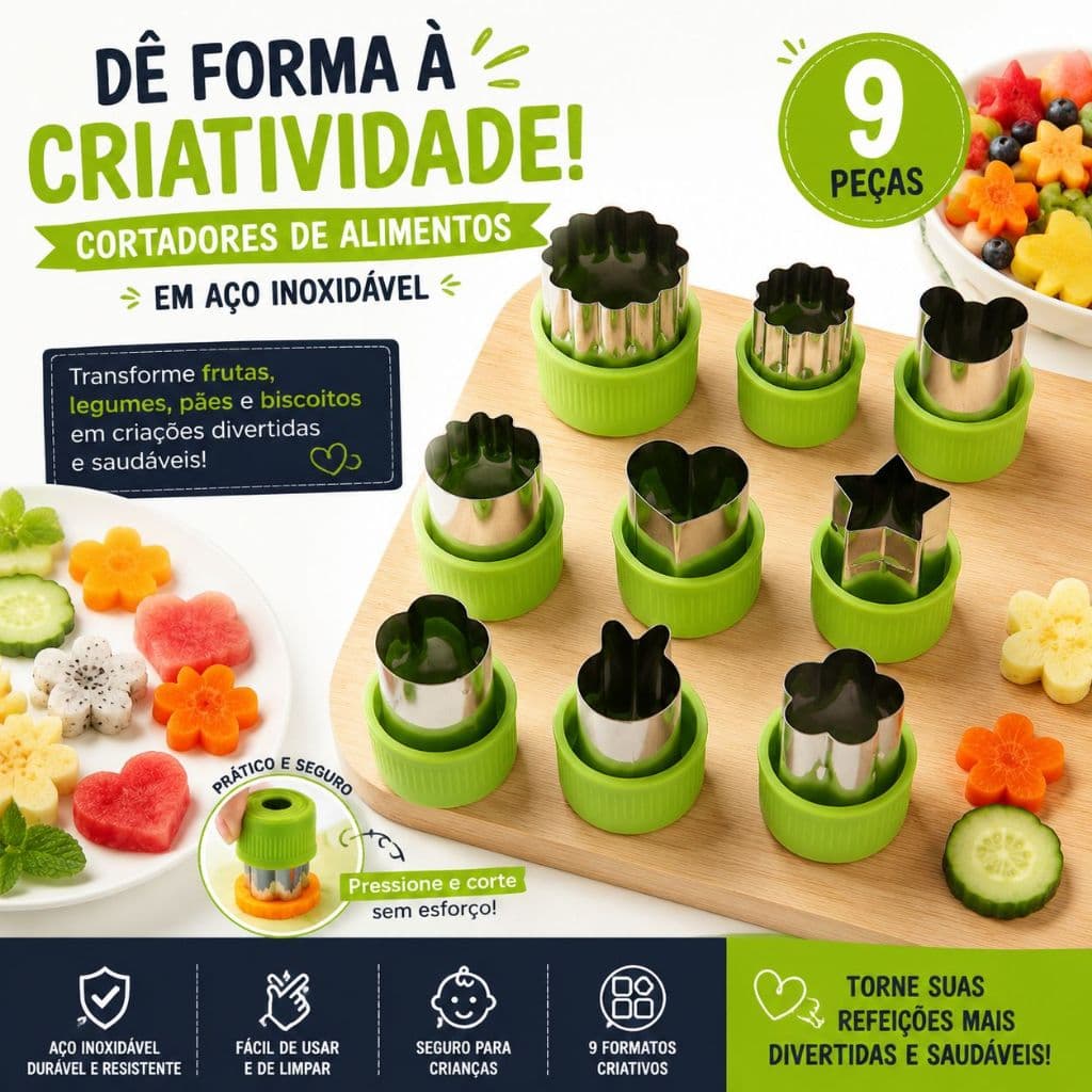 Um conjunto de 9 pequenos moldes de aço inoxidável, adequados para vegetais, frutas e massas