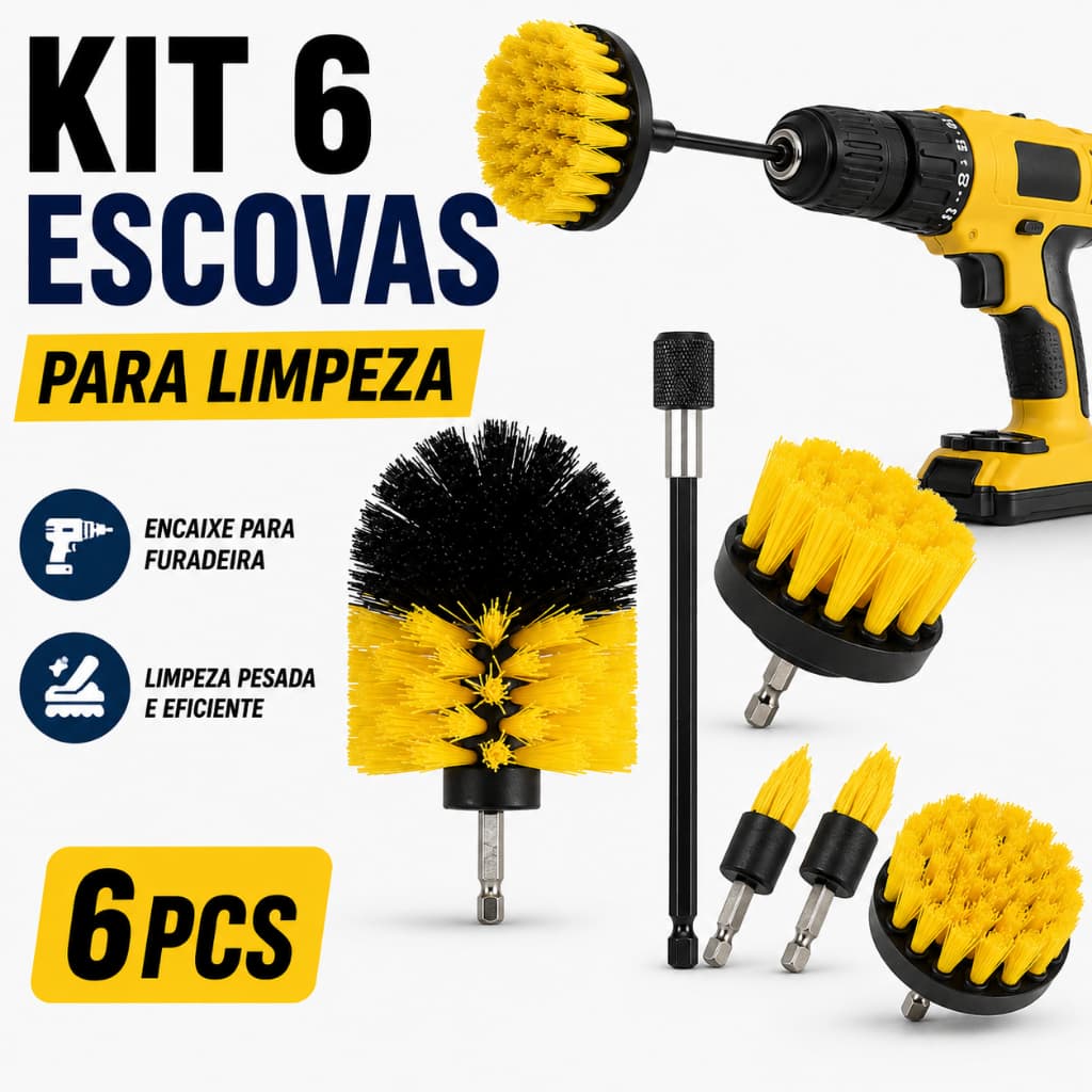 Kit 6 Escovas De Limpeza Encaixe Parafusadeira Furadeira Limpeza Automotiva Pesada Lavar Sofás Tecidos Couros Estofados