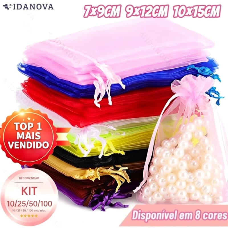 Kit 5/10/20/50/100 Un Saco Saquinho Organza Tule Saquinho 7x9 9x12 10x15 Várias cores Festa Casamento Armazenar-VN
