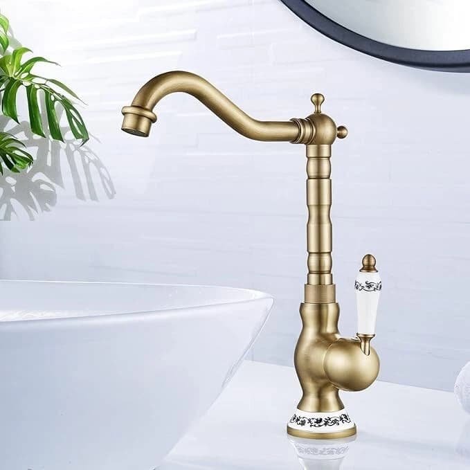 Torneira De Bacia De Bronze Antigo Do Banheiro Rotativo Da Cozinha Quente E Fria Misturador Guindaste Alça Cerâmica