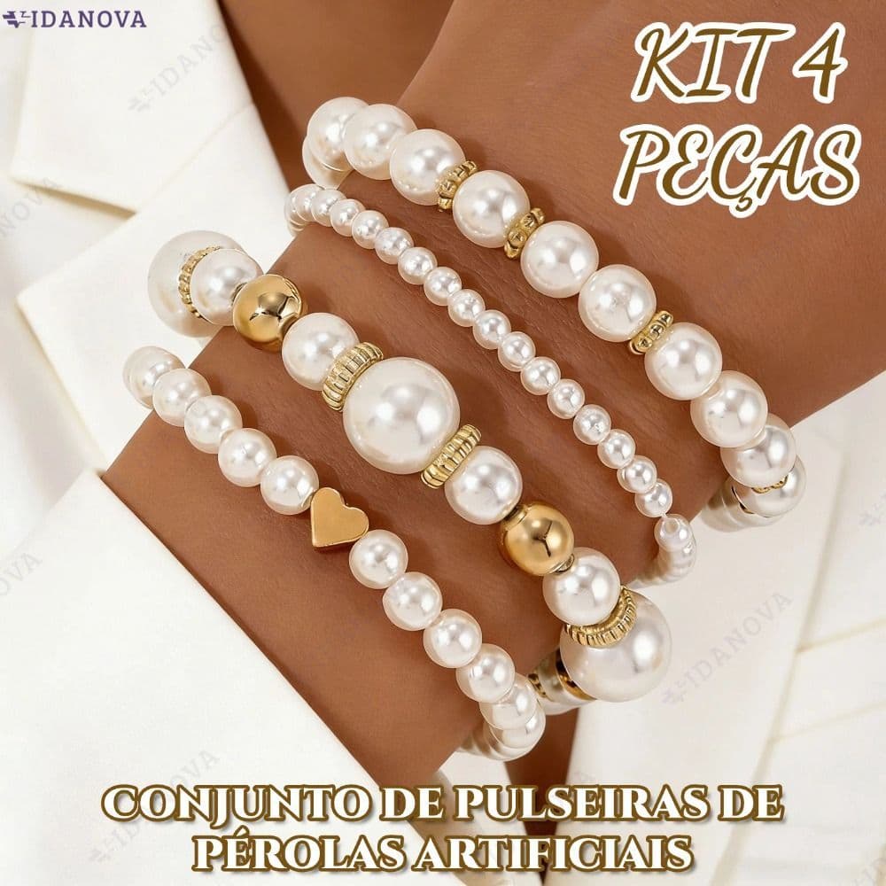 Conjunto de pulseiras femininas com pérolas sintéticas de amor fashion - conjunto com 4 peças-VN