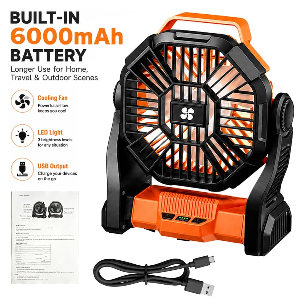 Ventilador De Acampamento Recarregável Com Luz LED Externo Portátil De 3 Velocidades Carregamento USB-C Para Barraca De