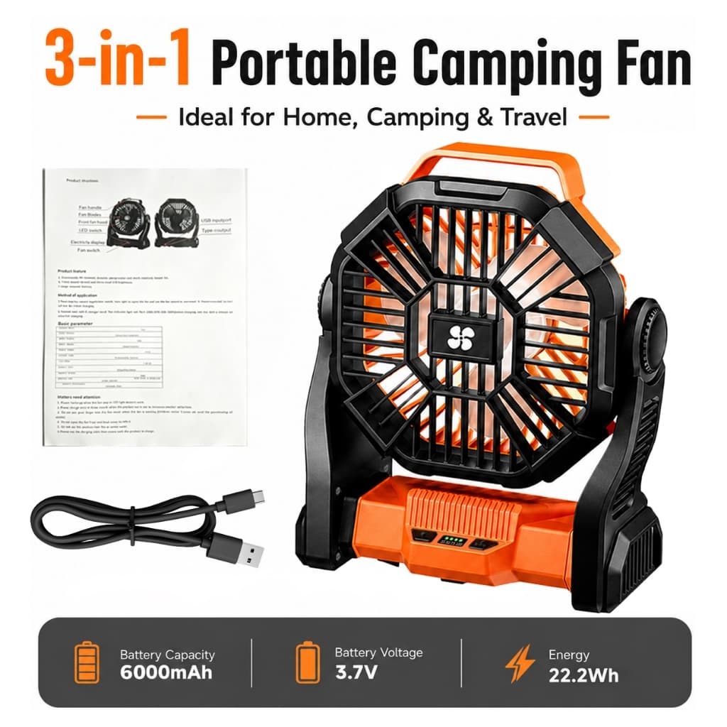 Ventilador De Acampamento Recarregável Com Luz LED Externo Portátil De 3 Velocidades Carregamento USB-C Para Barraca De