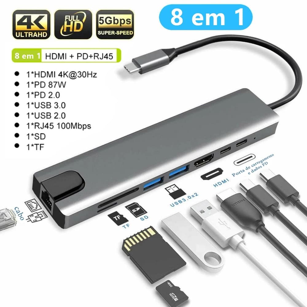 Hub USB C 8 em 1 com HDMI 4K RJ45 Adaptador Tipo C com USB 3.0 PD para Notebook MacBook Celular