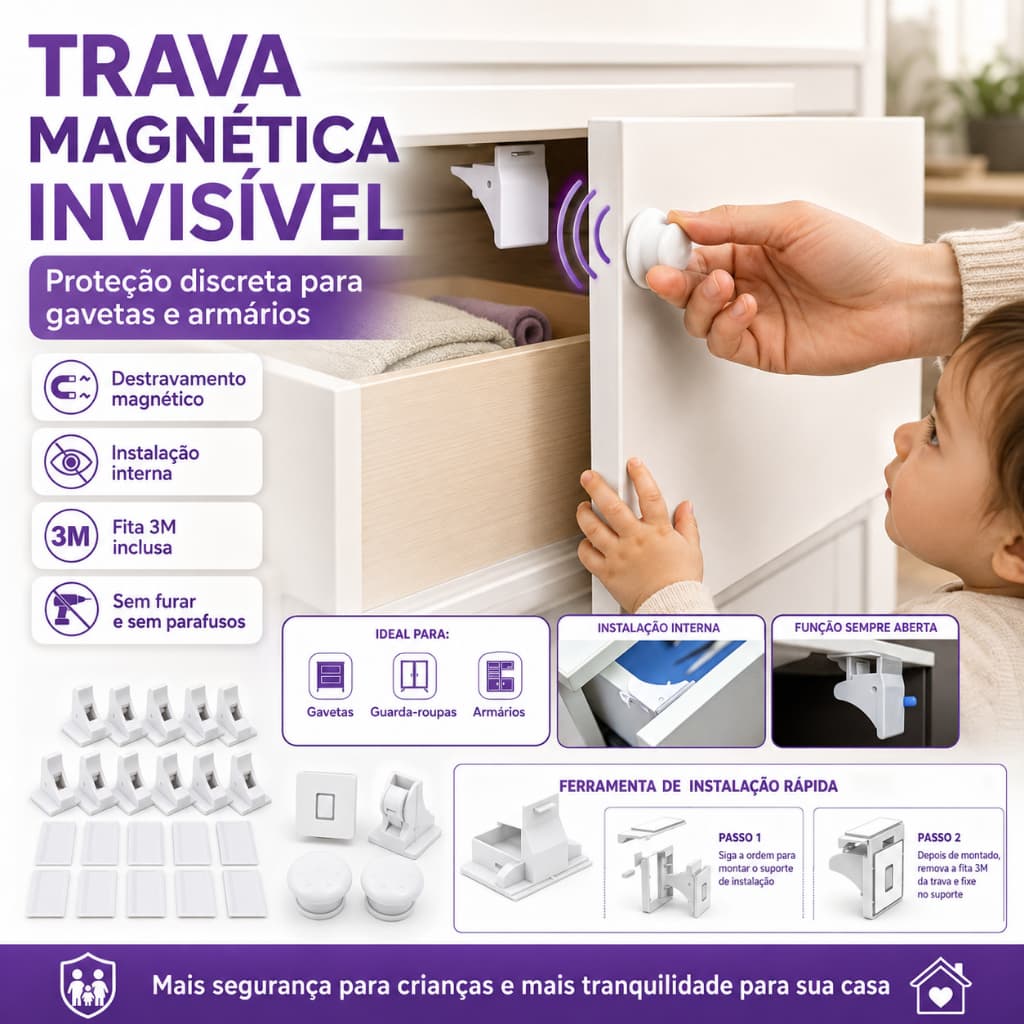 4+2 Fechaduras Magnéticas Para Armários 4+1 Com Trava De Gaveta Invisível Crianças/Bebês