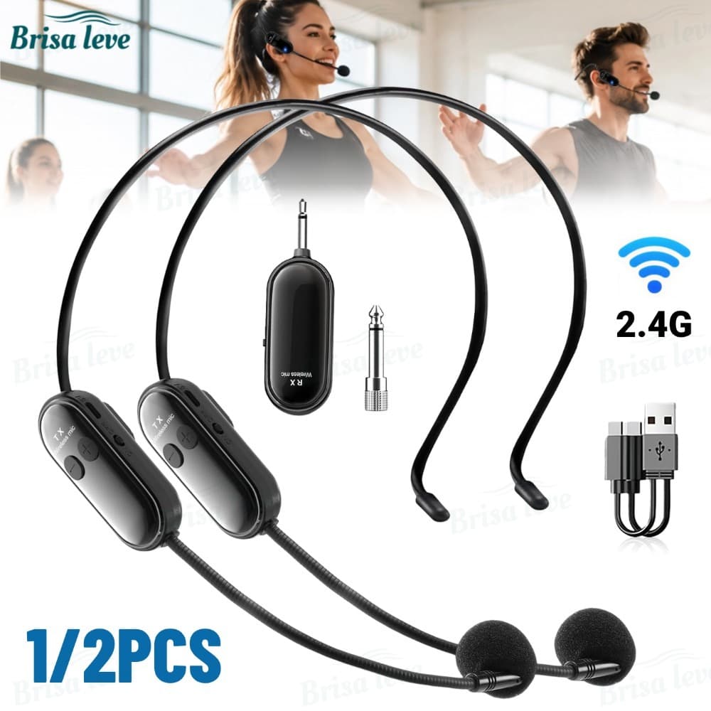 Kit Microfone de Cabeça Sem Fio Headset 2.4GHz -Transmissor + Receptor-Para Aula, Apresentações, Academia,duplo-BL