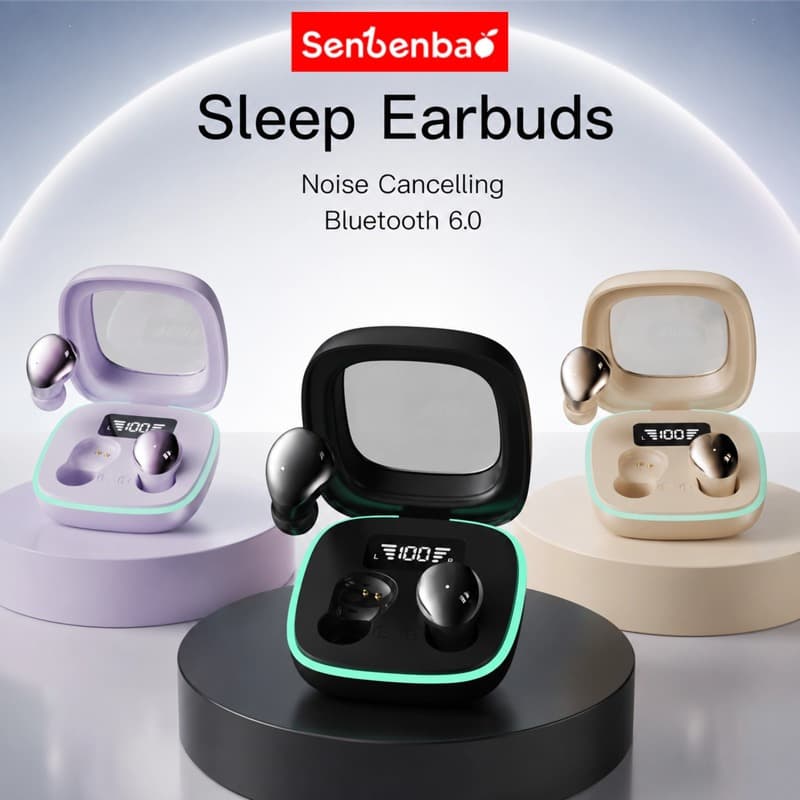 Senbenbao B51 Fones De Ouvido Bluetooth 6.0 Em Forma De Ervilha Olhar Tira De Luz LED Acabamento Galvanizado Display Dig