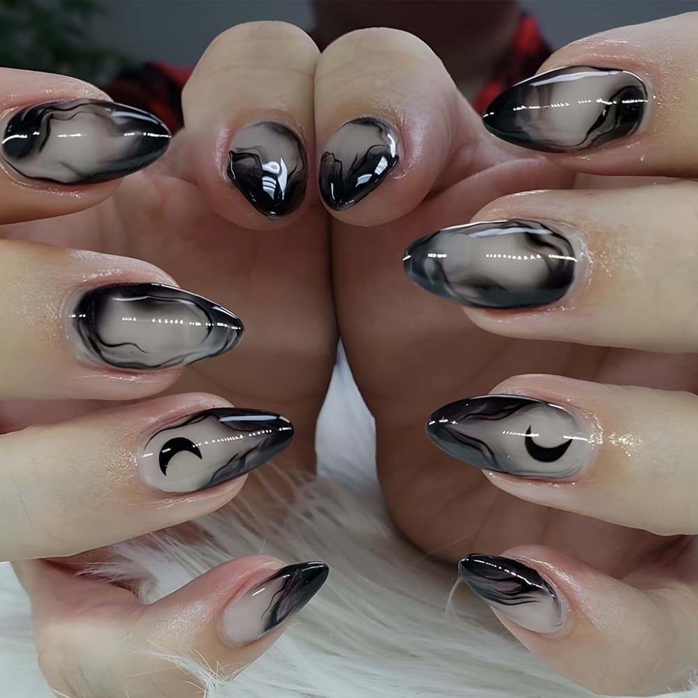 24 Peças De Unhas Falsas Estrela Preta , Postiças De Amêndoa , Prensa Reutilizável Nas Pontas Das , Arte Decorada Escura
