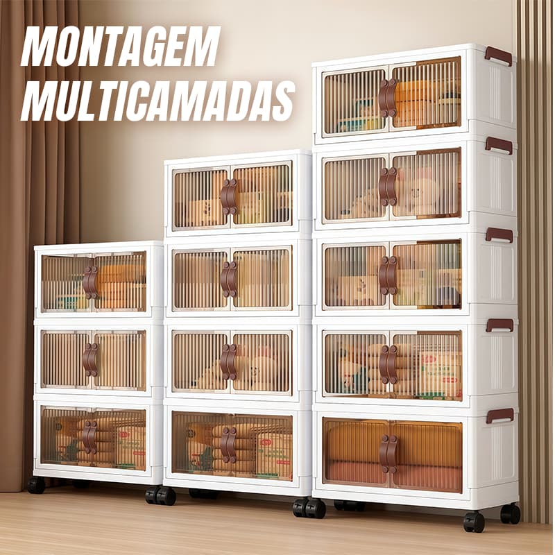 Armário Organizador Dobrável Plástico Multiuso Porta Transparente com Rodas para Quarto Escritório Banheiro