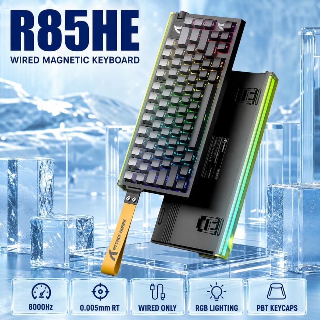 ATTACK SHARK R85HE Teclado Mecânico Para Jogos Magnético Com Fio Eixo Central Roxo PBT Keycap 8000 Hz Taxa De Polagem 0.