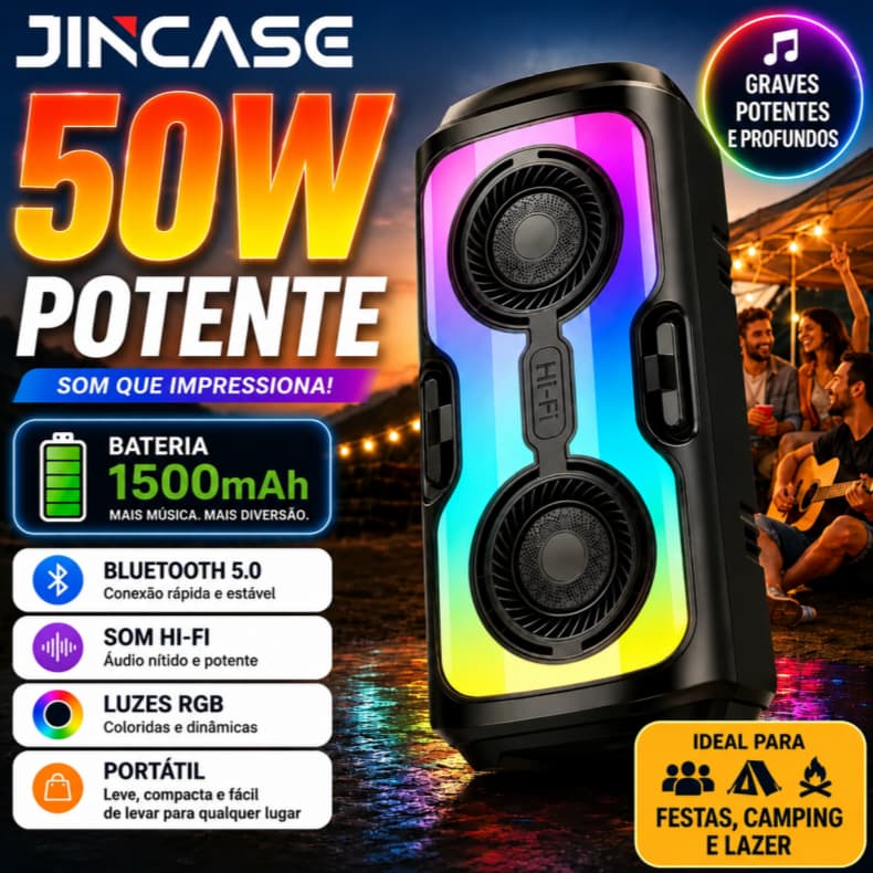 Caixa de som Bluetooth Portátil Com Led RGB Portátil FM USB TWS 50W Para Praia, Festa ou Viagem 1500mah Potente