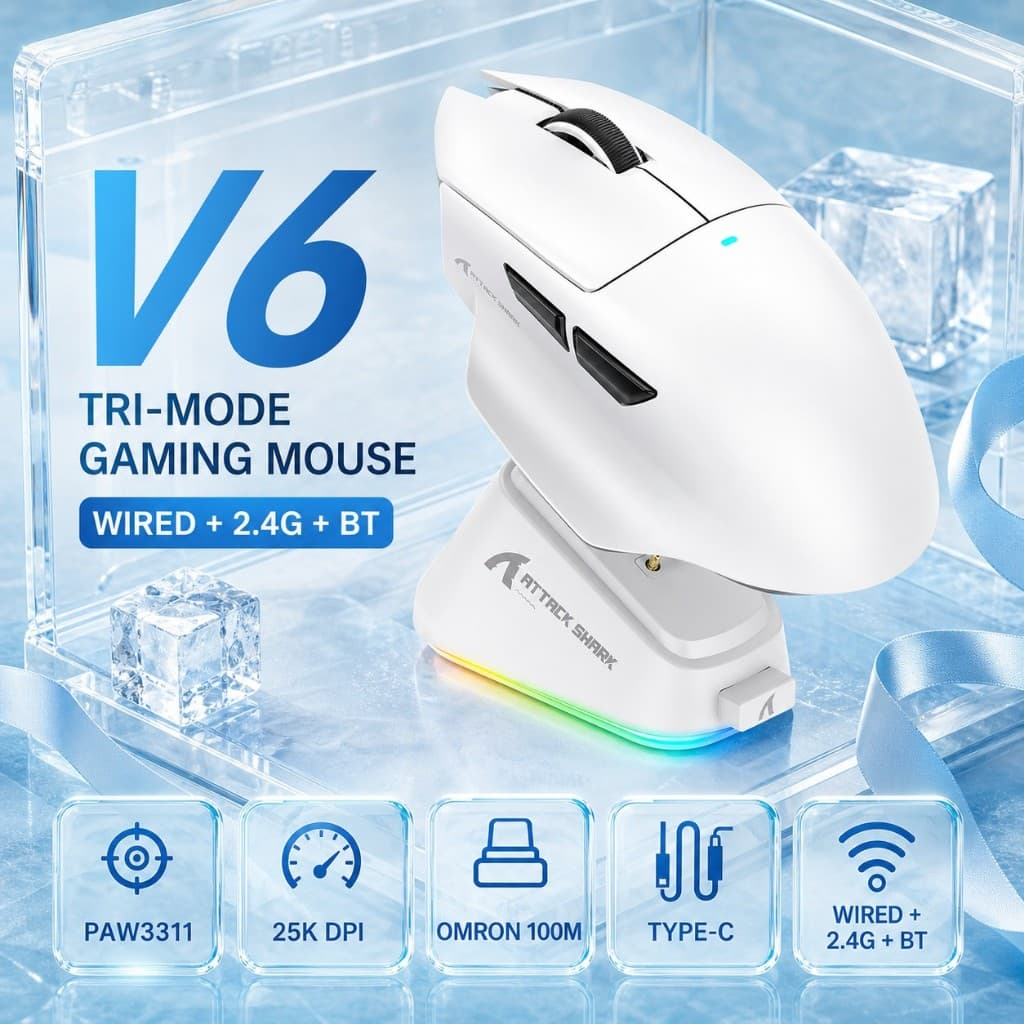 Ataque SHARK V6 Teclado Para Jogos Mecânico Tri-Mode PAW3311 25000DPI 1KHz Taxa De Polagem Tipo-C OMRON Switch Mouse Sem