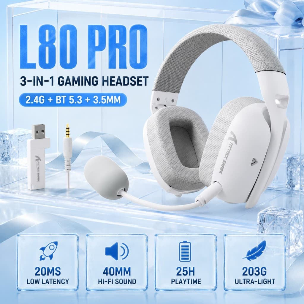 ATTACK SHARK L80PRO Conjunto De Cabeça De Fone De Ouvido De Qualidade Tri-Mode Gaming Headset 20ms Baixa Latência 40mm D