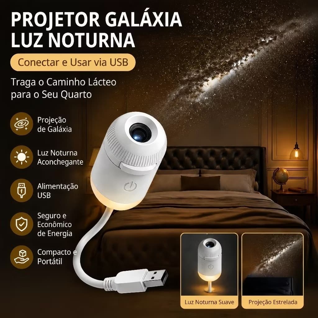 Mini Projetor Galáxia LED 2 em 1 com Luz Noturna - Luz Romântica para Quarto, Decoração e Presente