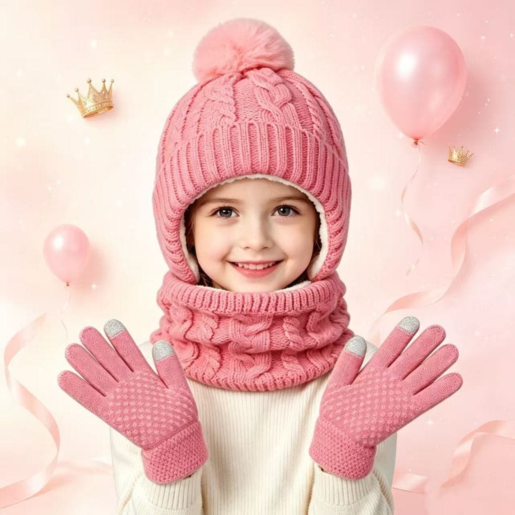 Gorro Infantil Conjunto De Luvas E Cachecol Unisex Forro Pelúcia Aconchegante Com Touch Screen