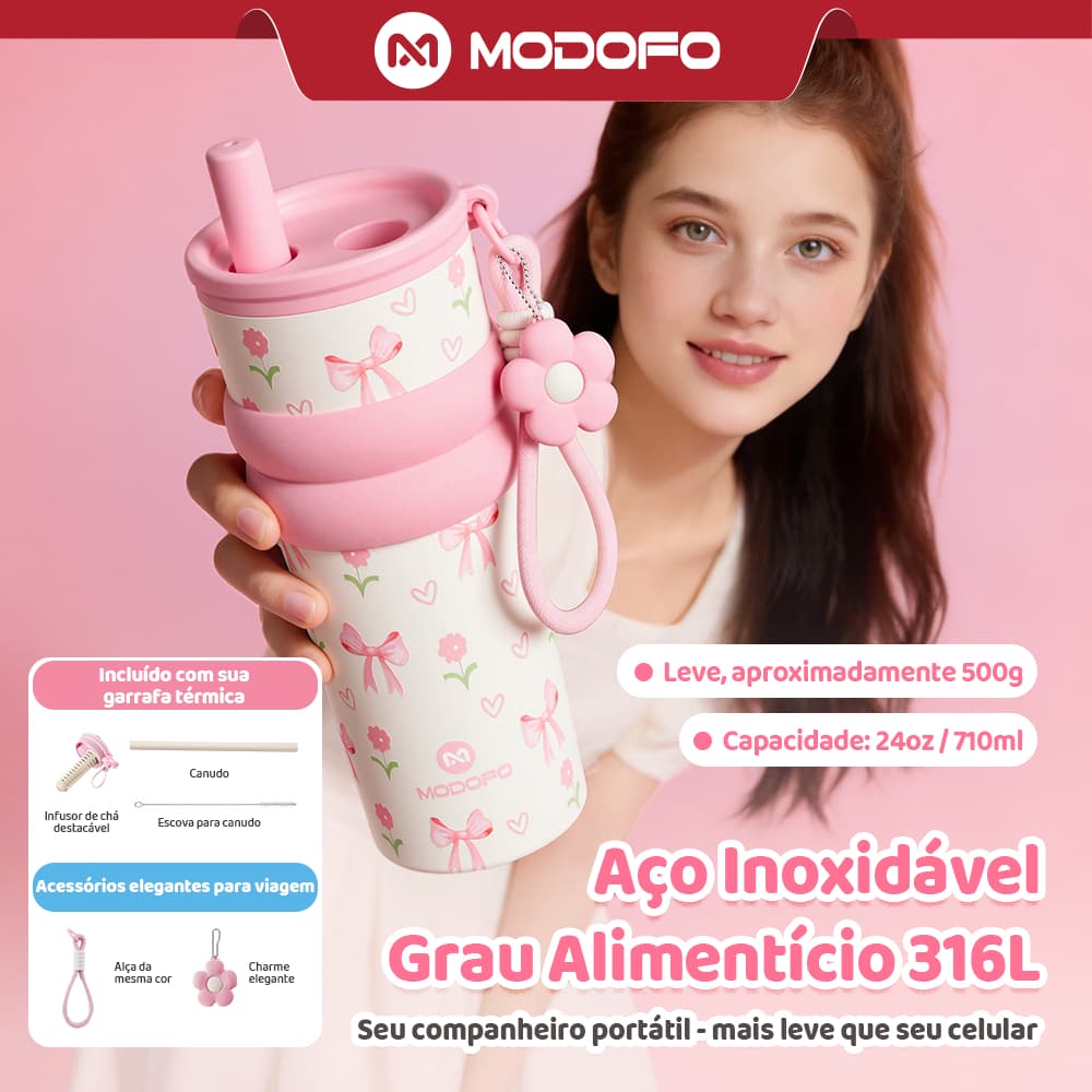 Copo térmico MODOFO 710ml com filtro de chá Design bonito Garrafa térmica de aço inoxidável 316