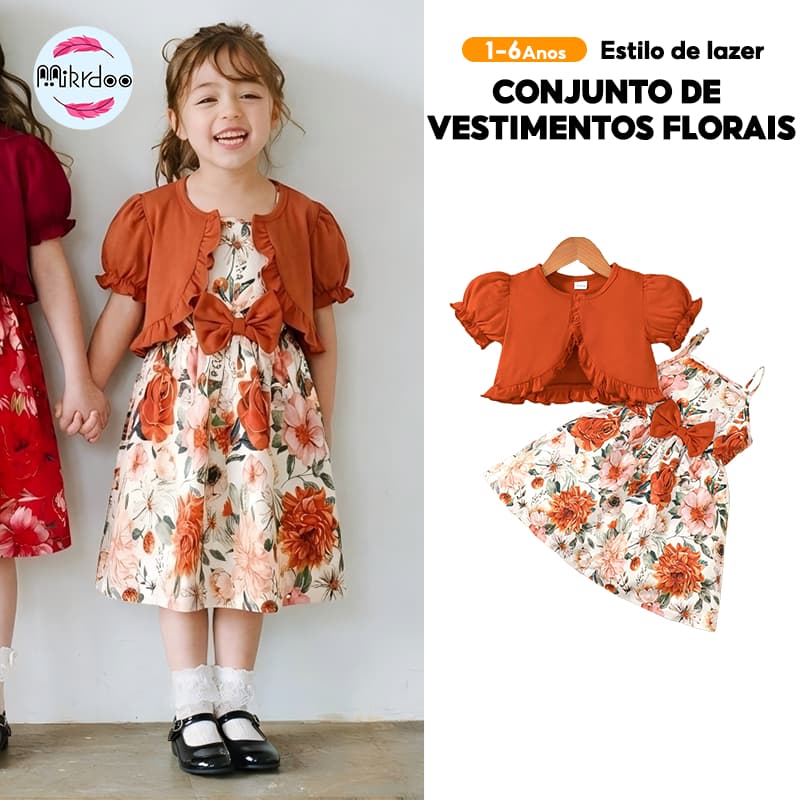 Vestido Para Menina 1-6 Anos Chlid 2PCS Conjunto De Roupas De Manga Curta Cor Lisa Com Floral Sem Fotográfico Festa