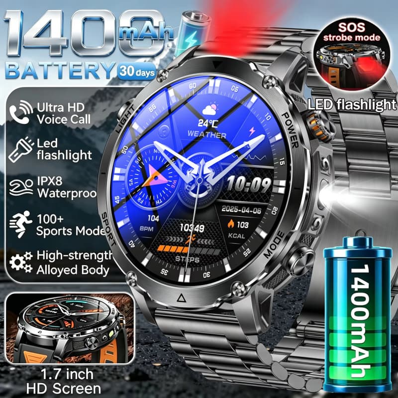 2026 Militar 1400 Mah Bateria smartwatch , Lanterna Ao Ar Livre Masculina , IPX8 À Prova Dwaterproof Água , 100 + Esport
