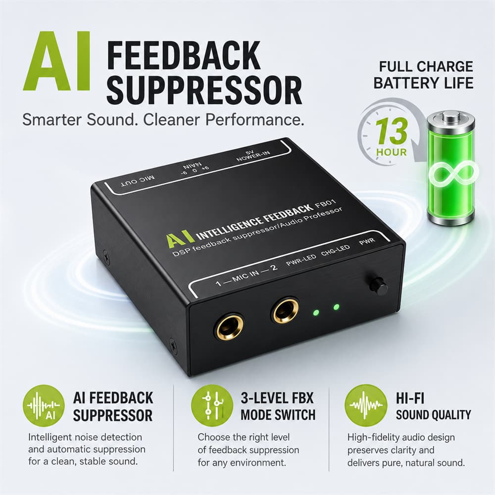 AI Inteligente Anti-Howling Feedback Supressor Recarregável DSP Microfone Cancelador De Ruído Processador De Áudio Para