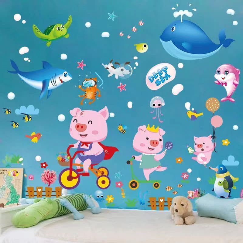 HJ13 [2 PÇS/SET] Adesivo de parede de Animal marinho de desenho animado, quarto de menino, decoração de quarto infantil,