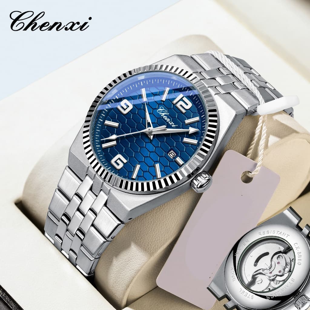 Relógio Masculino Clássico Prateado CHENXI Automático Mecânico Moda Casual Hexágono Favo De Mel Texturizado