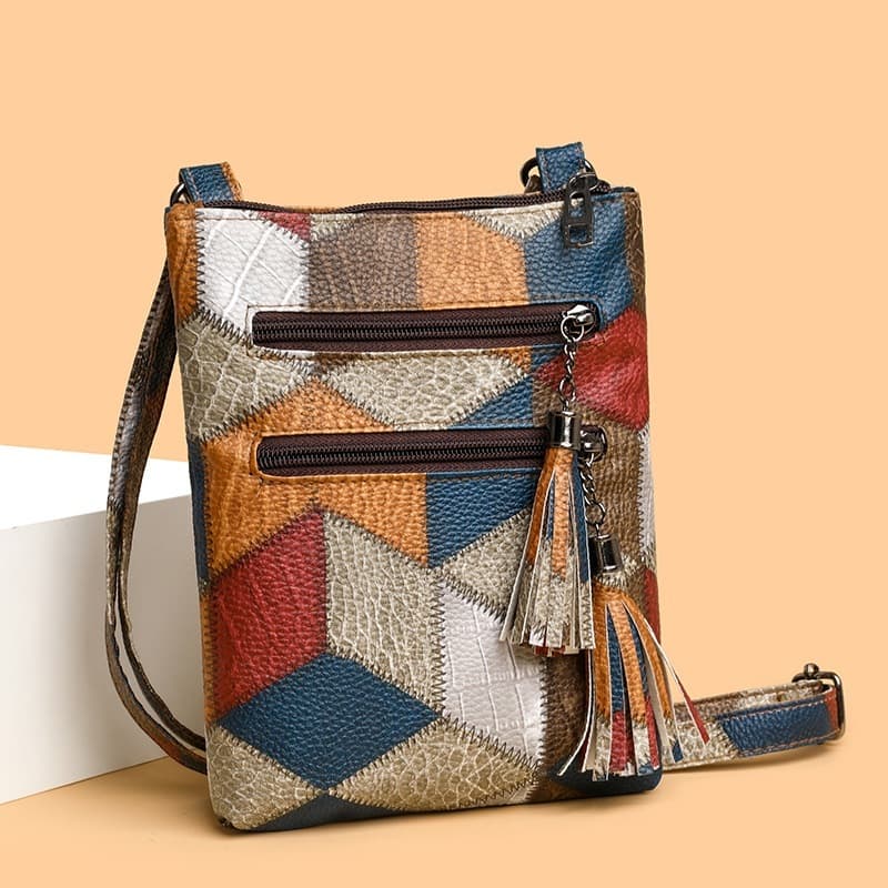 Bolsa Transversal Feminino Para Celular Pequena Moda Borla Couro PU Multicolorido Com Pingente