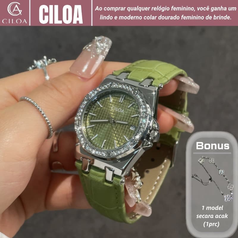 [Relogio feminino] CILOA Relógio Quartzo Feminino Pulseira Couro Verde Cristais Zircônia Elegante Luxo Origina 656