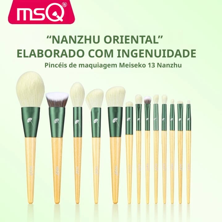 MSQ Conjunto 13 Pincéis de Maquiagem, Cerdas Nanoseda Biomiméticas Macias, Cabo de Madeira Natural