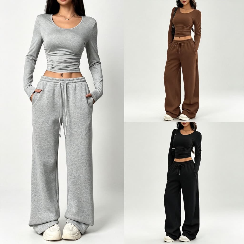 Conjunto Feminino De 2 Peças , Manga Comprida , Gola Redonda , Top Crop , Calças Largas , Macio , Elástico , Agasalho ,