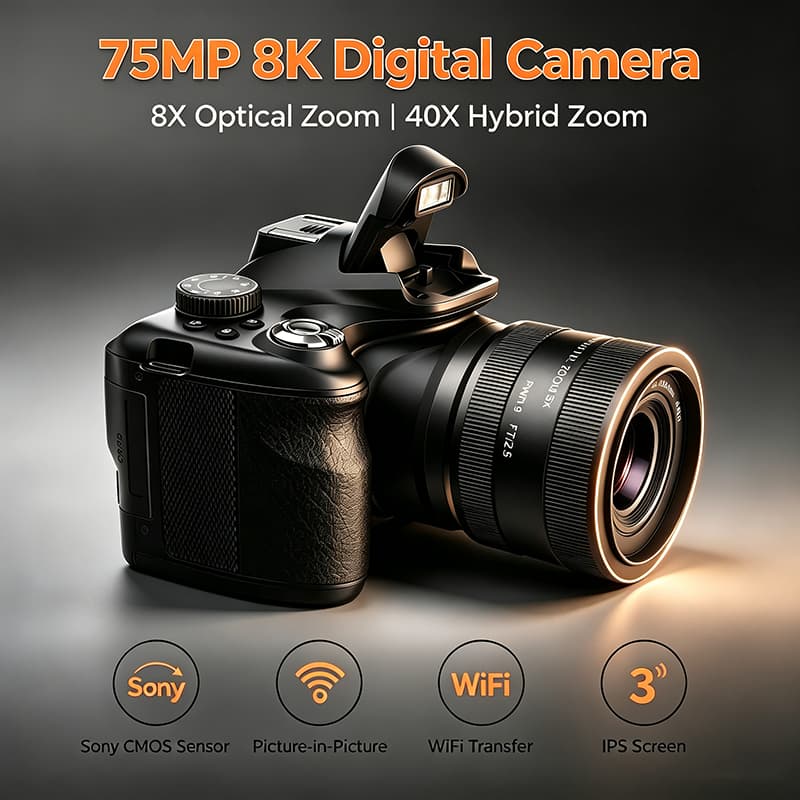 Câmera Digital 75MP 8K Para Iniciantes 8X Óptica 40X Zoom Híbrido Vlogging Com Imagem CMOS WiFi 3 " Tela IPS