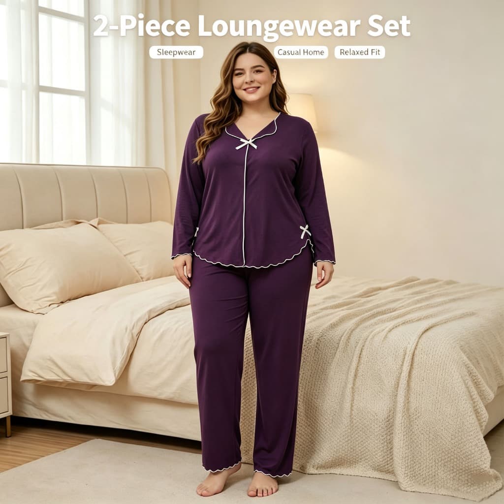Conjunto De Pijama Feminino Plus Size De 2 Peças , Cor Sólida , Manga Comprida , Gola V , Roupa De Dormir Com Decoração