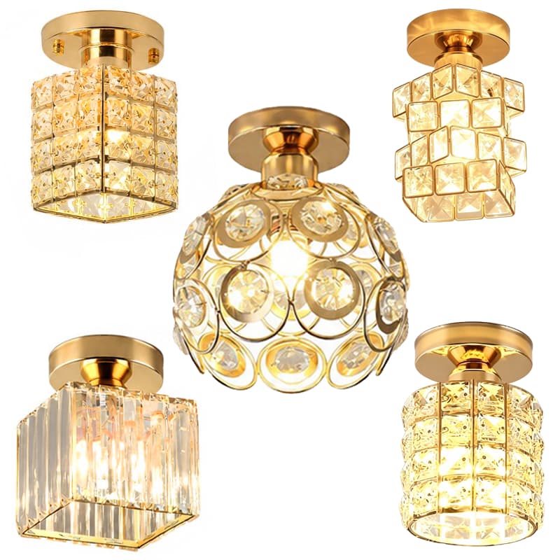Luminária de teto de cristal dourado, estilo luxo discreto,ideal para hall de entrada, corredor e varanda E27 Bivolt