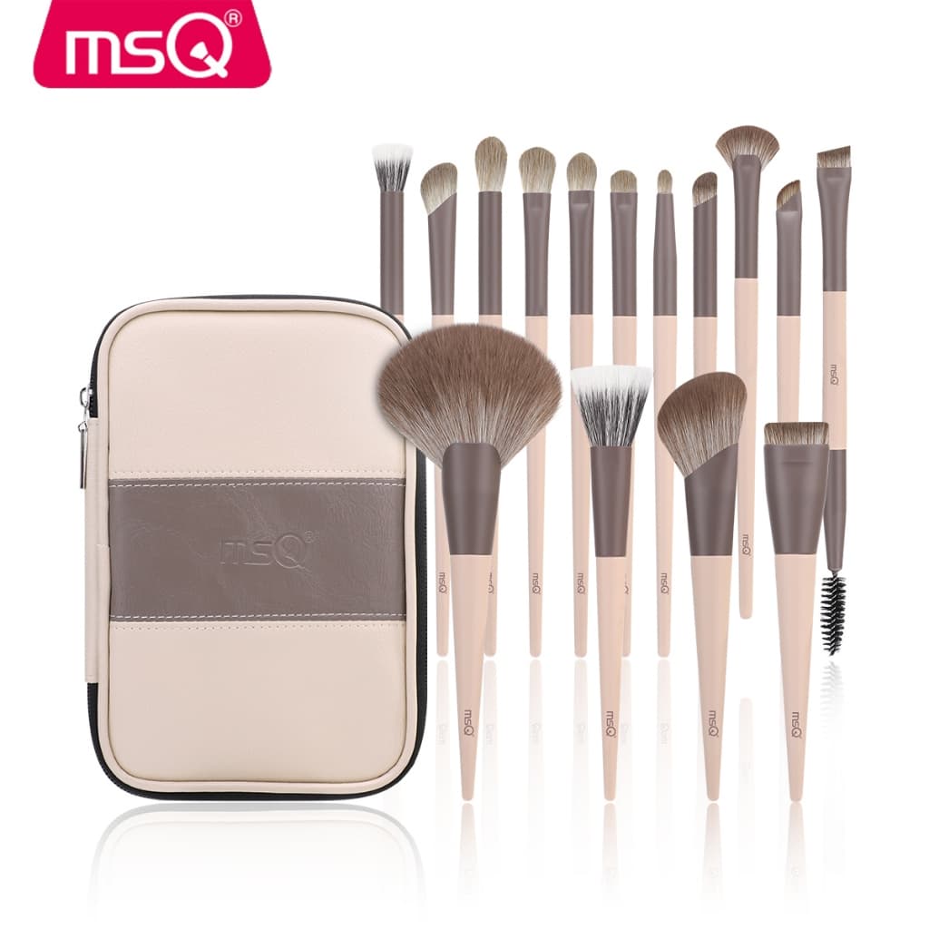 MSQ Kit 15 Pincéis para Maquiagem Cremosa, Cerdas Sintéticas Neve Macias, Cabo Madeira Maciça para Rosto e Olhos