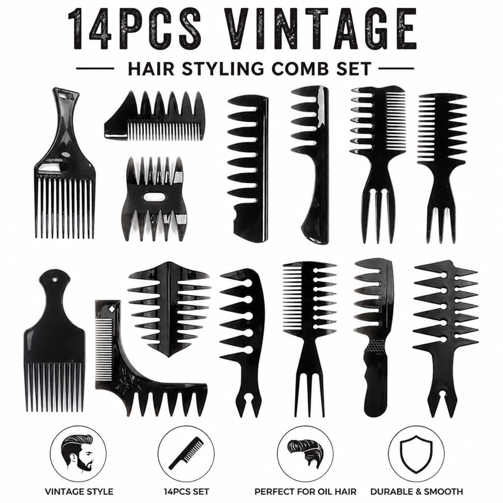 Conjunto De Pente De Barbeiro De 14 Peças Para Homens , Pompadour Liso , Cabelo Texturizado , Preparação De Barba E Esti