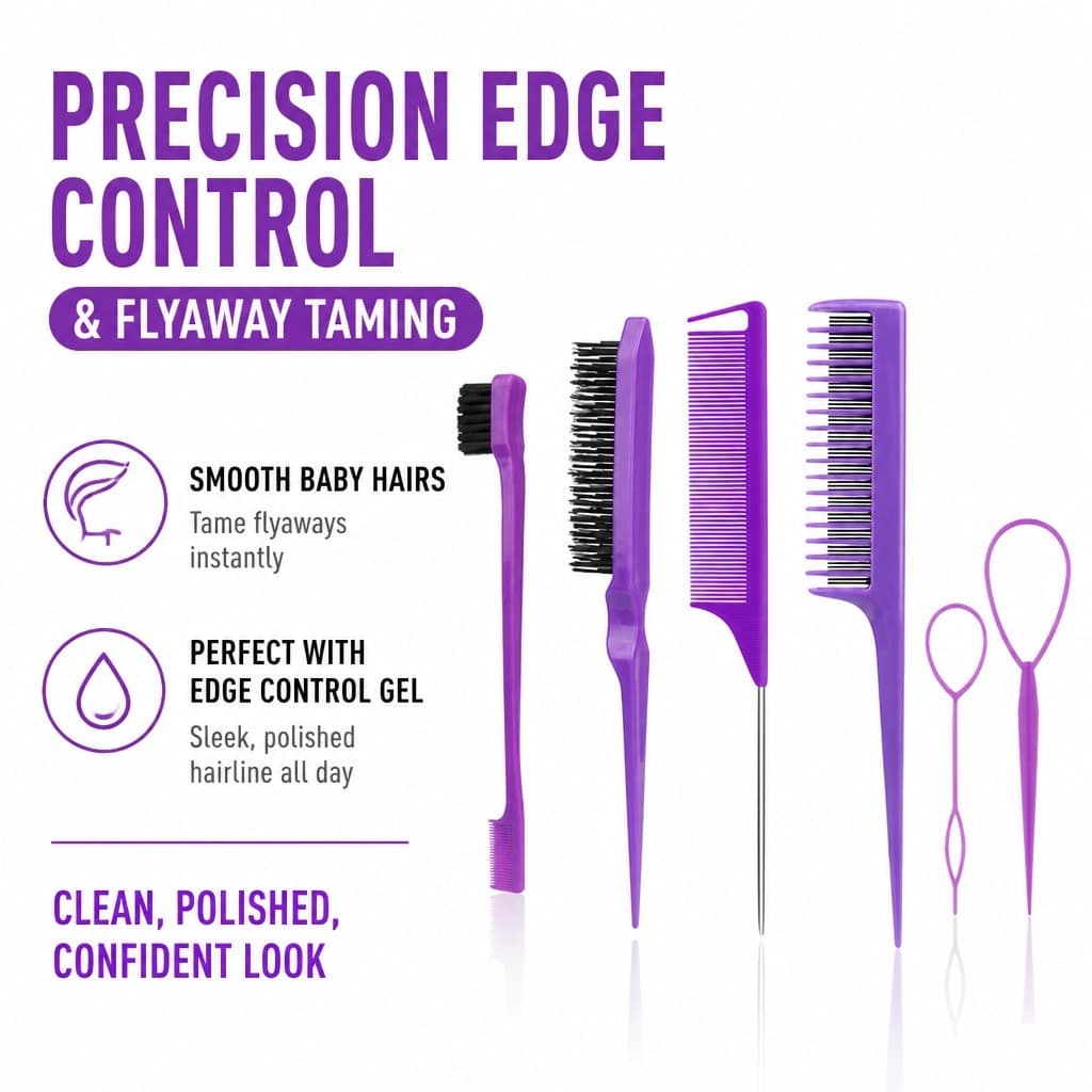 Conjunto De Escova De Controle De Borda E Pente De Cabelo De 7 Peças Com Clipes De Corte Para Bebê , Tranças , Pães Esti