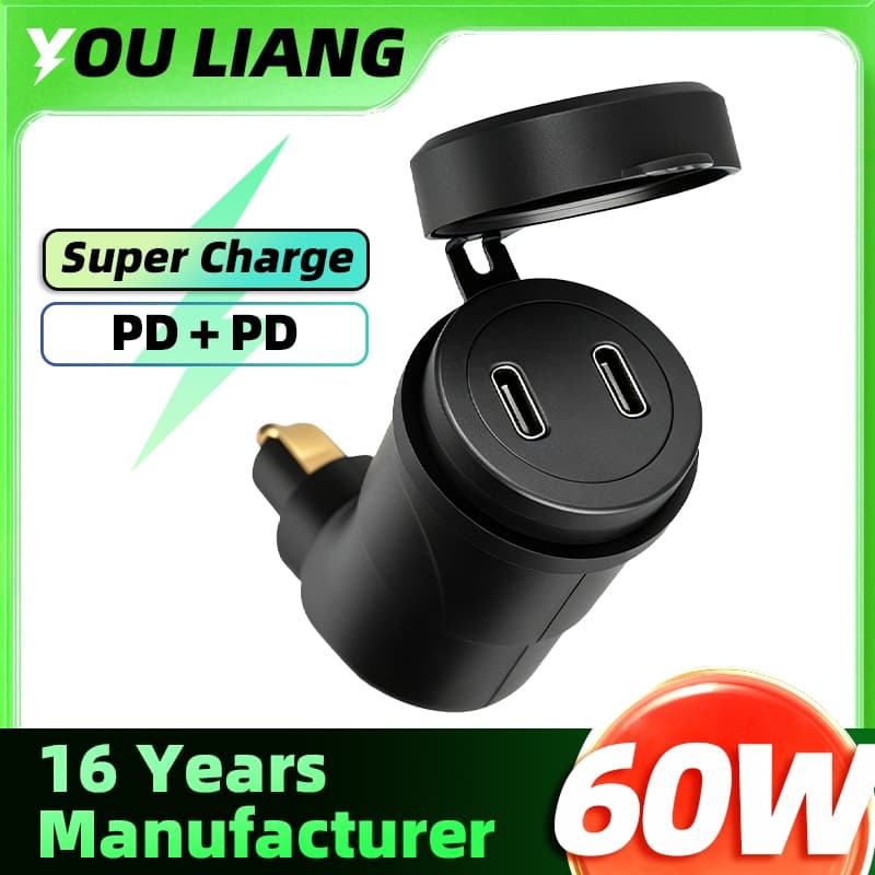 Plugue DIN 60W Entrega De Energia Motocicletas Duplo USB C Carregador PD Adaptador De Carga Rápida À Prova Dwaterproof Á
