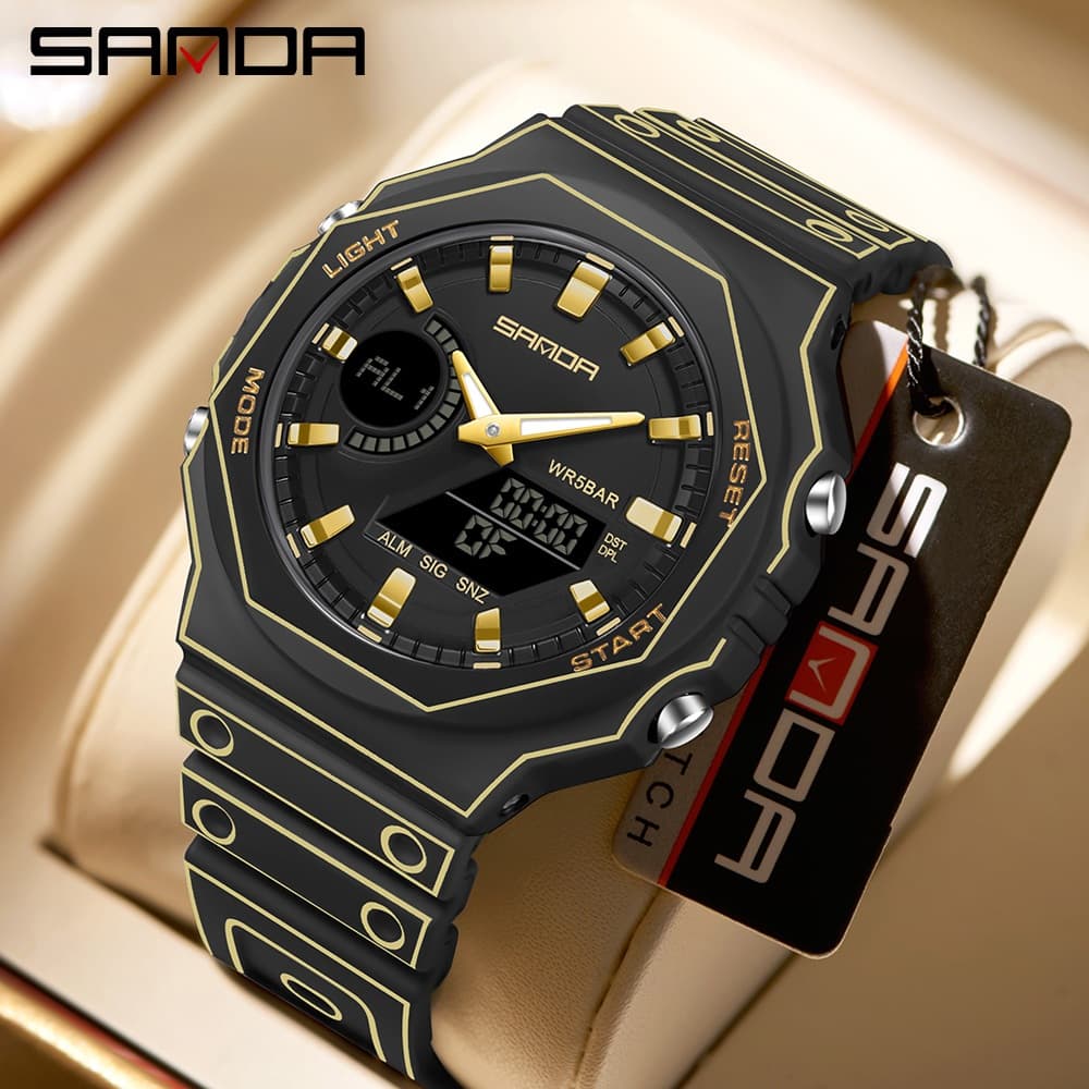 SANDA 6508 Novo Relógio De Pulso Digital Com Display Duplo Moda Relógios Eletrônicos Para Homem Cronômetro Luminoso Mult