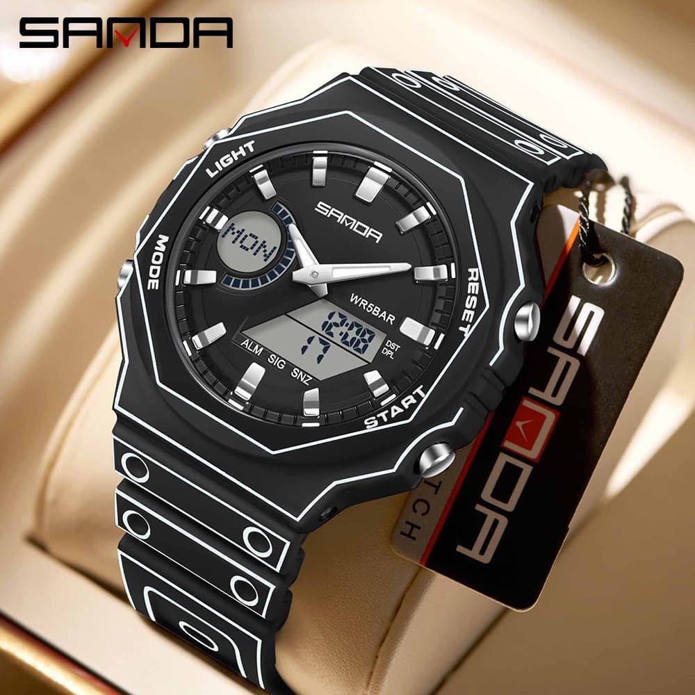 SANDA 6508 Novo Relógio De Pulso Digital Com Display Duplo Moda Relógios Eletrônicos Para Homem Cronômetro Luminoso Mult