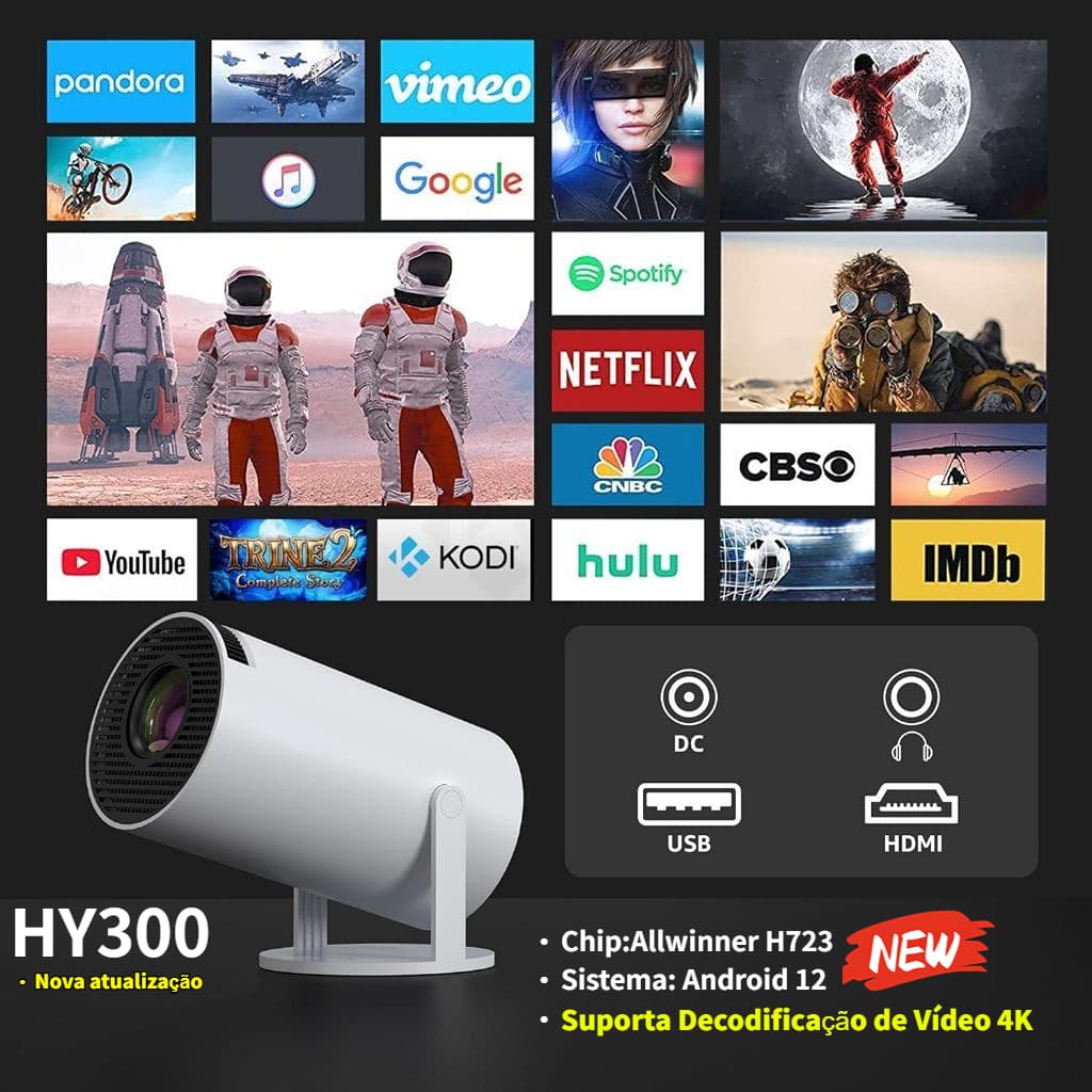 Projetor HY300 Original Portátil Smart Android 12 4K Ultra HD HDMI Wifi Bluetooth Alto Falante Embutido,São Paulo Stock