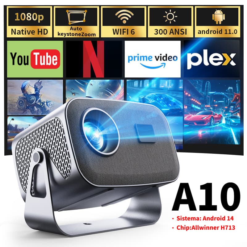 Projetor A10 Android14 TV 4K Dual Band WIFI 6.0 Bluetooth 5.0 Cinema Portátil Escritório Sala,1080P, H713,2 Portas USB